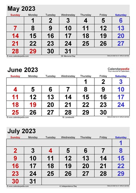 May June July Calendar